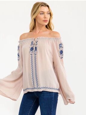 0279.  🩷Off-Shoulder Embroidered Blouse in Blush with Blue Accents